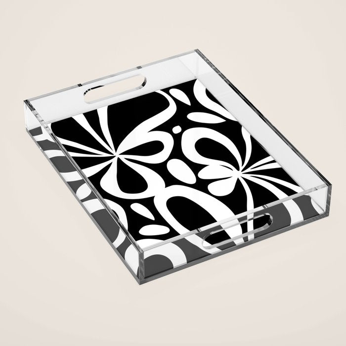 Abstract black and white flower art pattern Acrylic Tray Gallery Image 1