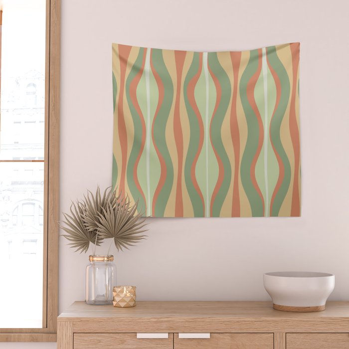 Hourglass Midcentury Modern Abstract Pattern in Sage Green and Apricot Wall Tapestry Gallery Image 2