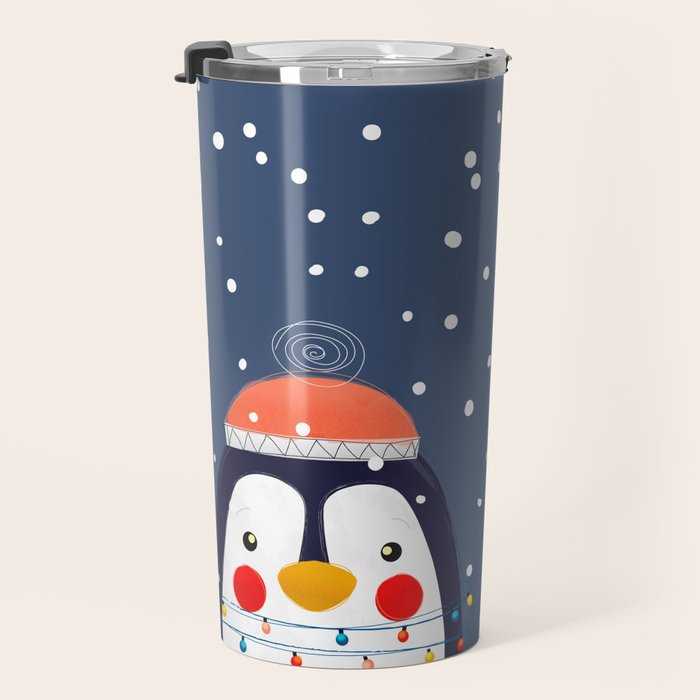Christmas Penguin with fairy lights no2 Travel Mug Gallery Image 3
