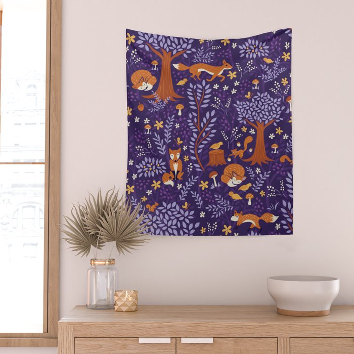 Foxes Playing in a Purple Forest Wall Tapestry Gallery Image 2
