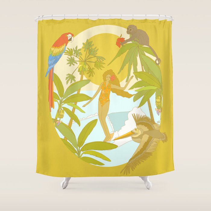 Pura vida jungle by the sea // retro surf art by surfy birdy Shower Curtain Gallery Image 1