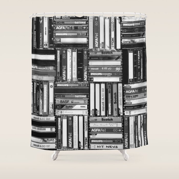 Music Cassette Stacks - Black and White - Something Nostalgic IV #decor #society6 #buyart Shower Curtain Gallery Image 1
