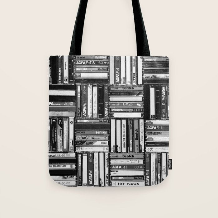 Music Cassette Stacks - Black and White - Something Nostalgic IV #decor #society6 #buyart Tote Bag Gallery Image 1