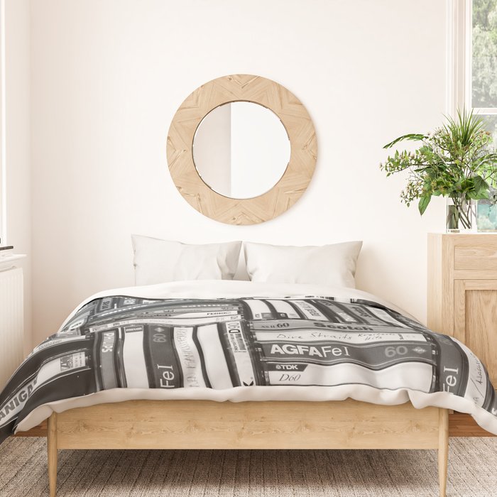Music Cassette Stacks - Black and White - Something Nostalgic IV #decor #society6 #buyart Duvet Cover Gallery Image 3