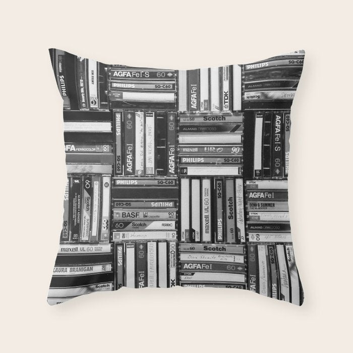 Music Cassette Stacks - Black and White - Something Nostalgic IV #decor #society6 #buyart Throw Pillow Gallery Image 6