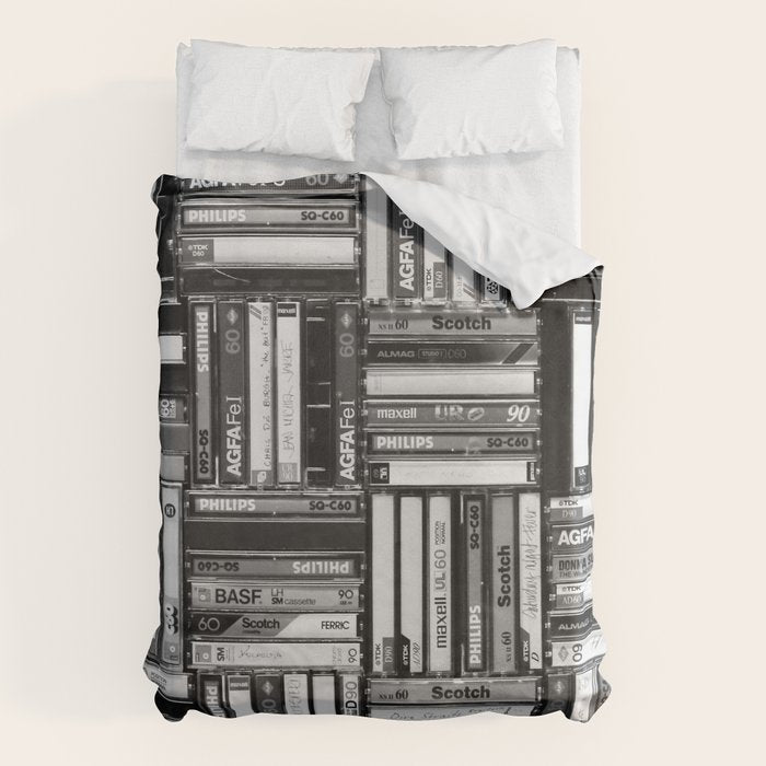 Music Cassette Stacks - Black and White - Something Nostalgic IV #decor #society6 #buyart Duvet Cover Gallery Image 6