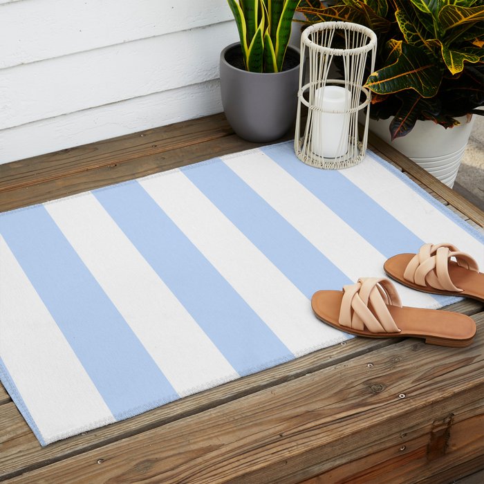 Pale Pastel Powder Blue and White Cabana Stripes Outdoor Rug Gallery Image 2