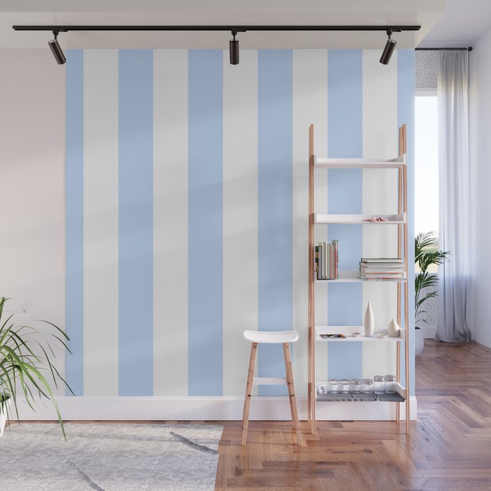 Pale Pastel Powder Blue and White Cabana Stripes Wall Mural Gallery Image 1