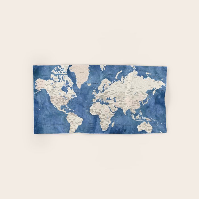 Light brown and blue watercolor detailed world map Bath Towel Gallery Image 1