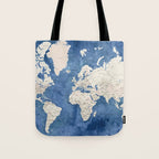 Light brown and blue watercolor detailed world map Tote Bag Gallery Image 1