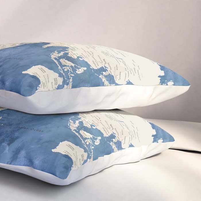 Light brown and blue watercolor detailed world map Pillow Sham Gallery Image 3