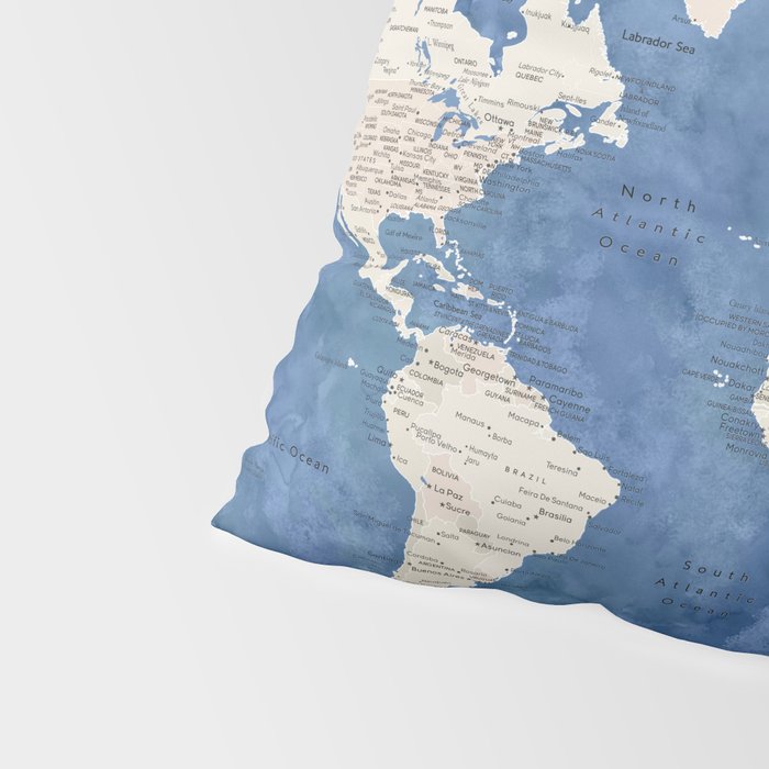 Light brown and blue watercolor detailed world map Pillow Sham Gallery Image 4