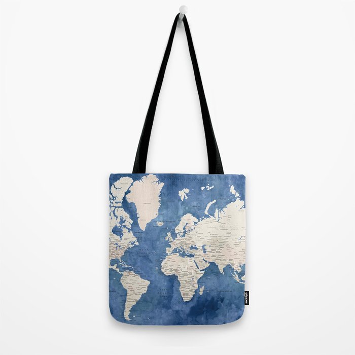 Light brown and blue watercolor detailed world map Tote Bag Gallery Image 2