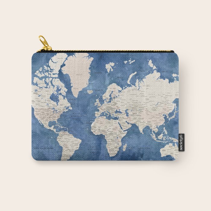 Light brown and blue watercolor detailed world map Carry All Pouch Gallery Image 1