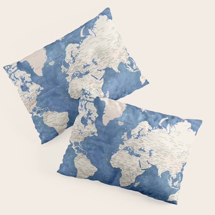 Light brown and blue watercolor detailed world map Pillow Sham Gallery Image 3