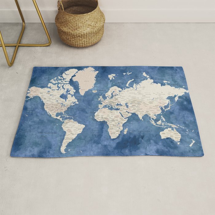 Light brown and blue watercolor detailed world map Rug Gallery Image 1