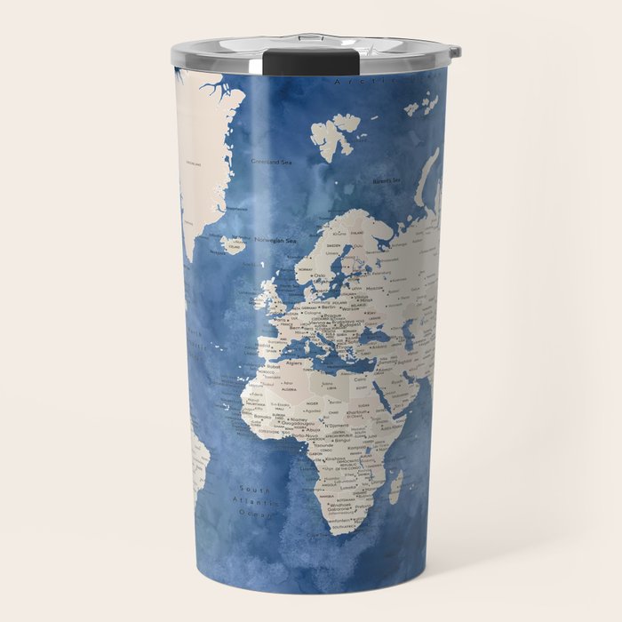 Light brown and blue watercolor detailed world map Travel Mug Gallery Image 1