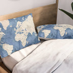 Light brown and blue watercolor detailed world map Pillow Sham Gallery Image 2