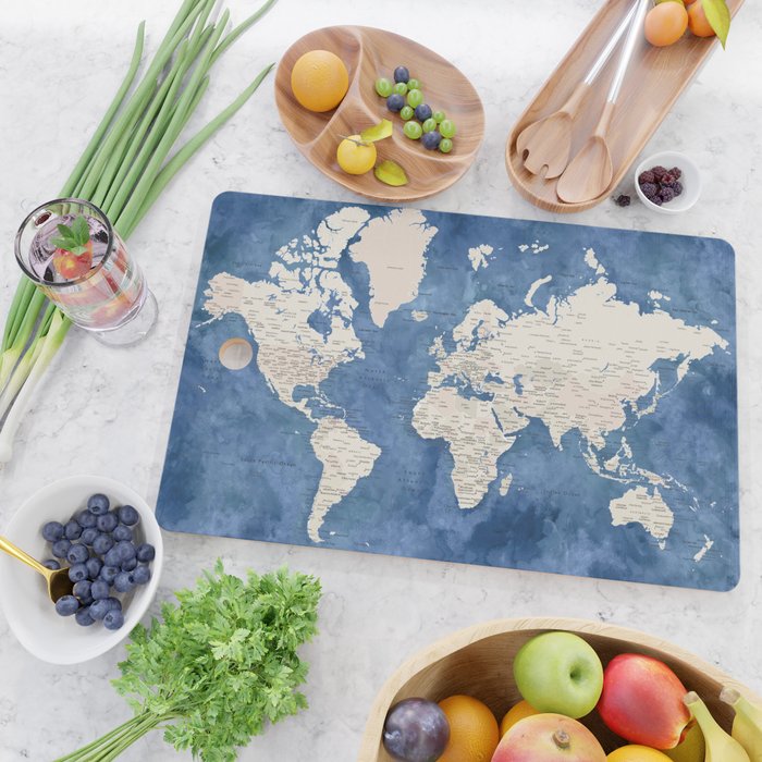 Light brown and blue watercolor detailed world map Cutting Board Gallery Image 2