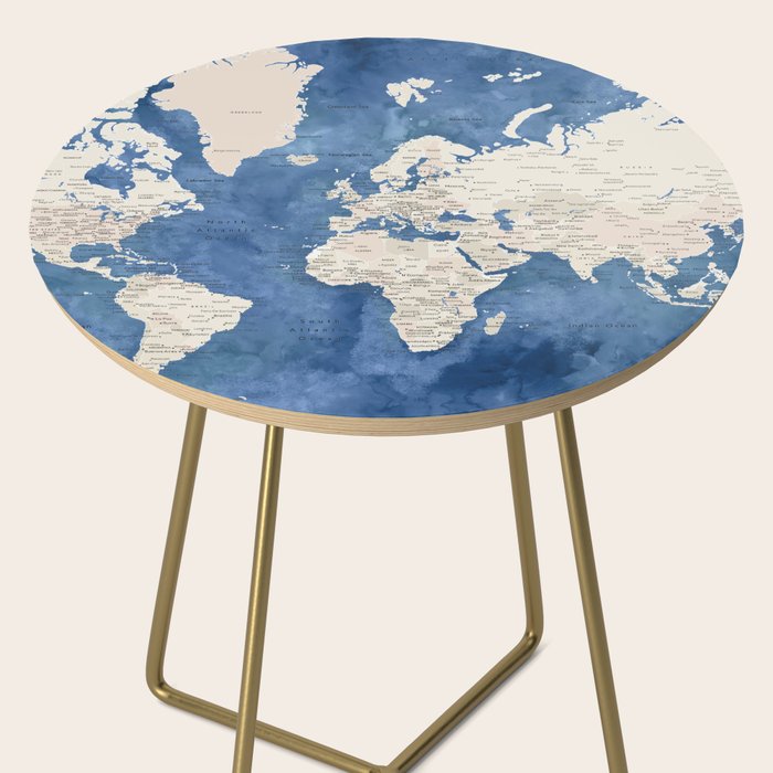 Light brown and blue watercolor detailed world map Side Table Gallery Image 2