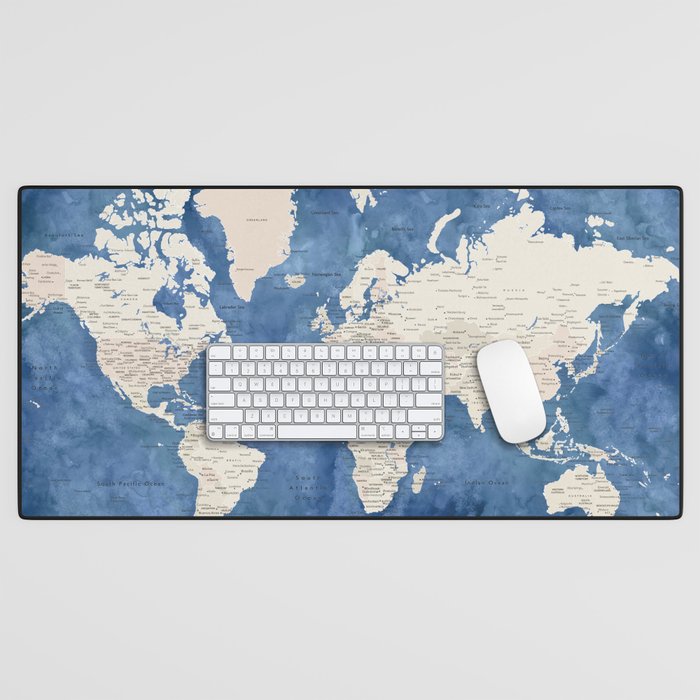 Light brown and blue watercolor detailed world map Desk Mat Gallery Image 1