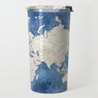 Light brown and blue watercolor detailed world map Travel Mug Gallery Image 2
