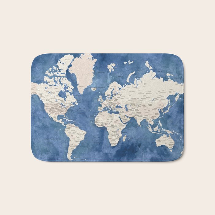 Light brown and blue watercolor detailed world map Bath Mat Gallery Image 1