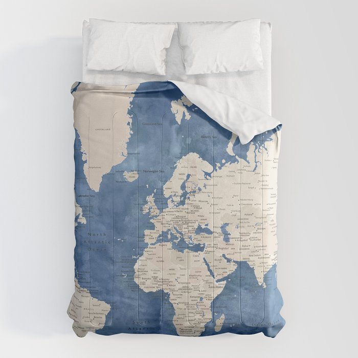 Light brown and blue watercolor detailed world map Comforter Gallery Image 1