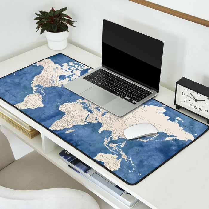 Light brown and blue watercolor detailed world map Desk Mat Gallery Image 2