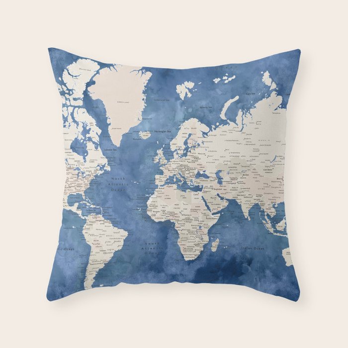 Light brown and blue watercolor detailed world map Throw Pillow Gallery Image 6