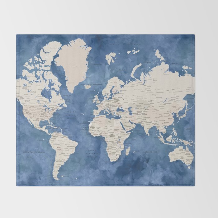 Light brown and blue watercolor detailed world map Throw Blanket Gallery Image 2