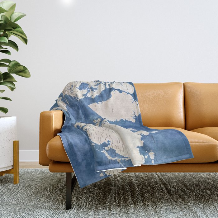 Light brown and blue watercolor detailed world map Throw Blanket Gallery Image 1