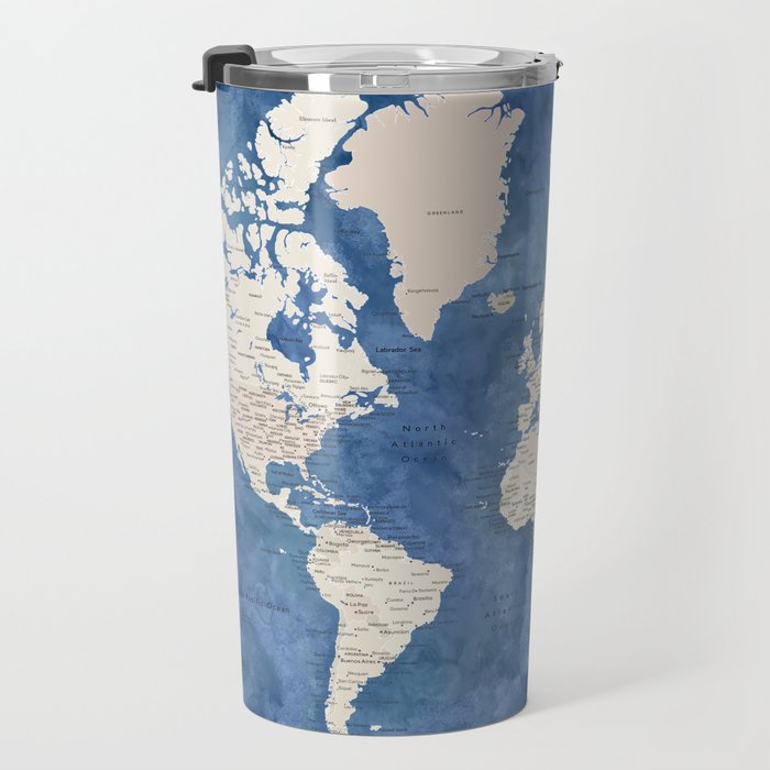 Light brown and blue watercolor detailed world map Travel Mug Gallery Image 3