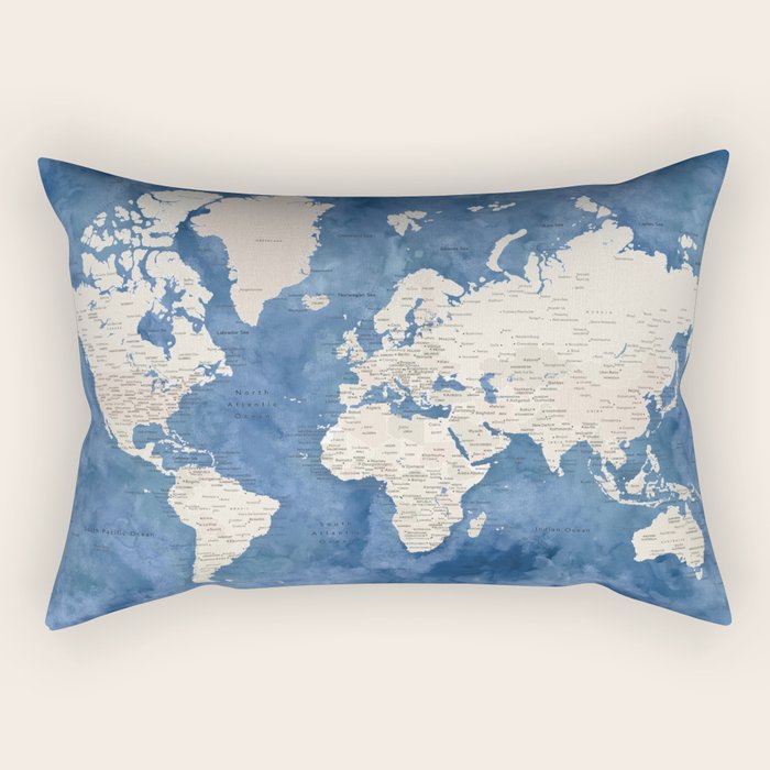 Light brown and blue watercolor detailed world map Rectangular Pillow Gallery Image 1