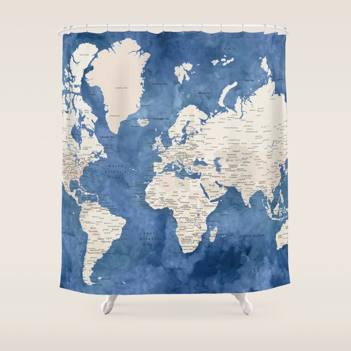 Light brown and blue watercolor detailed world map Shower Curtain Gallery Image 1