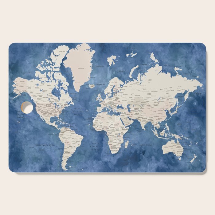 Light brown and blue watercolor detailed world map Cutting Board Gallery Image 1