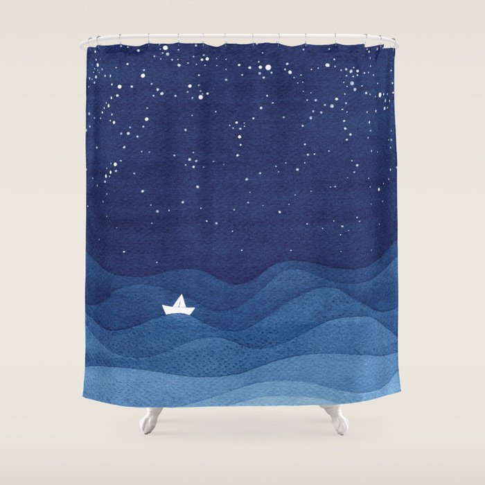 blue ocean waves, sailboat ocean stars Shower Curtain Gallery Image 1
