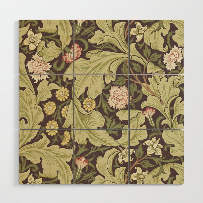William Morris Leicester Chocolate Olive Floral Wood Wall Art Gallery Image 1
