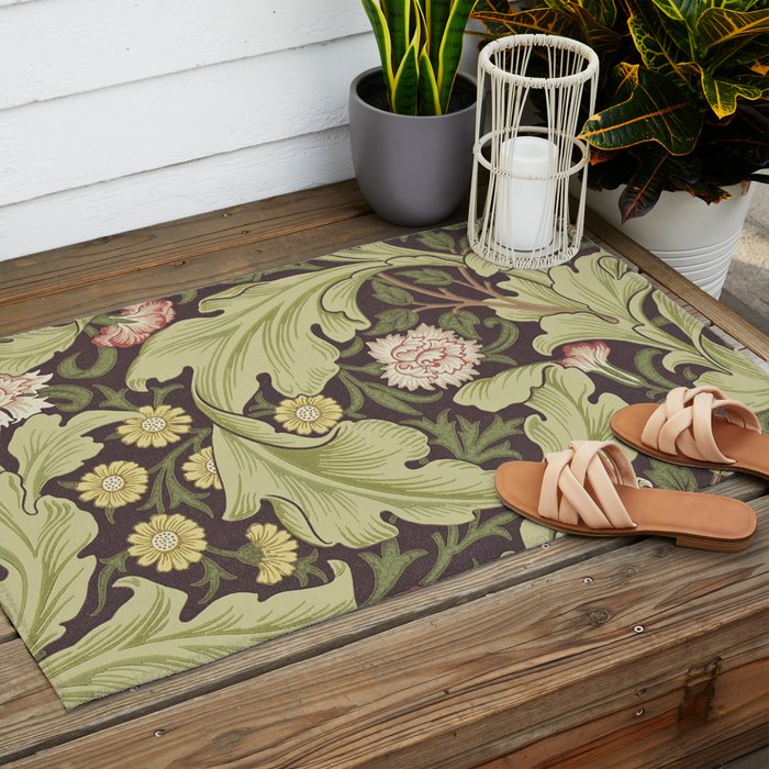 William Morris Leicester Chocolate Olive Floral Outdoor Rug Gallery Image 2