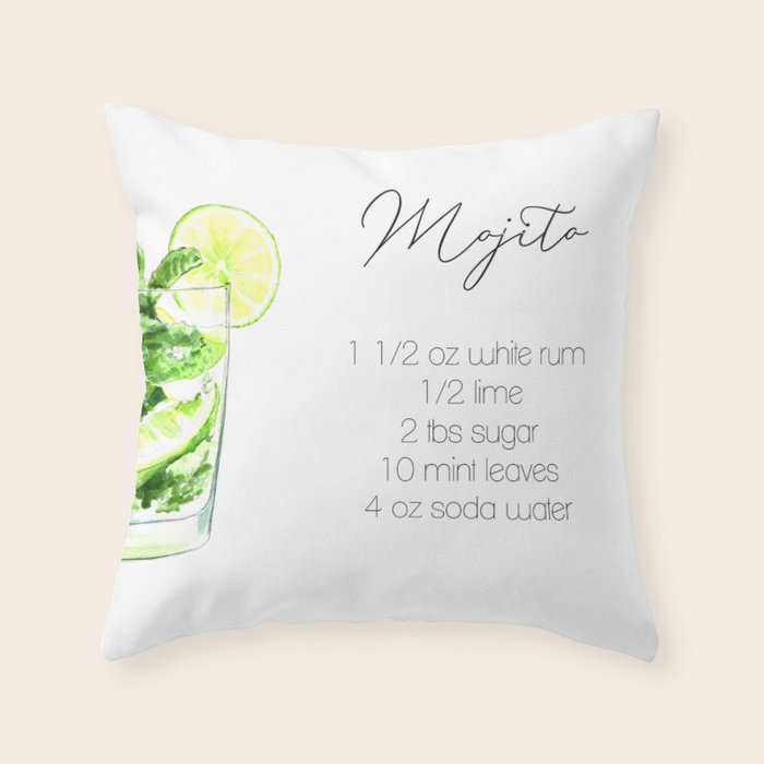 Cocktail Recipes. Mojito. Square Throw Pillow Gallery Image 1
