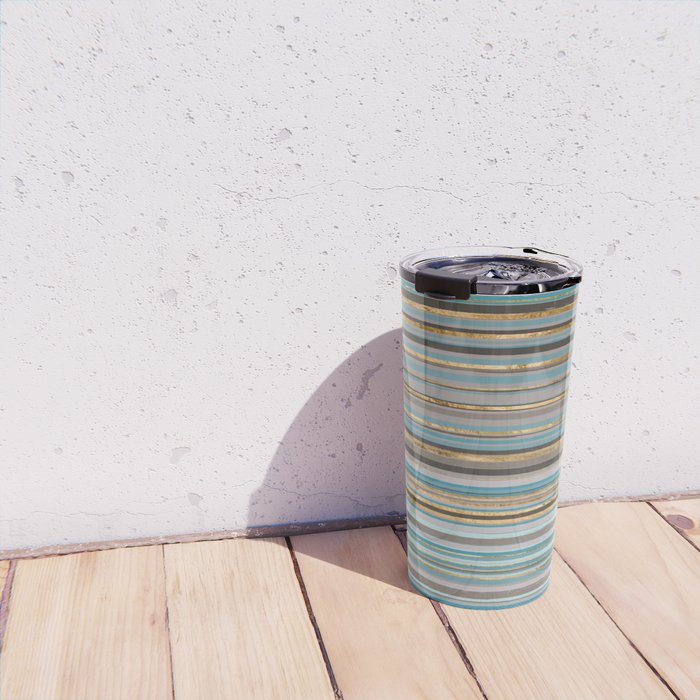Taupe, gold and teal stripes Travel Mug Gallery Image 4