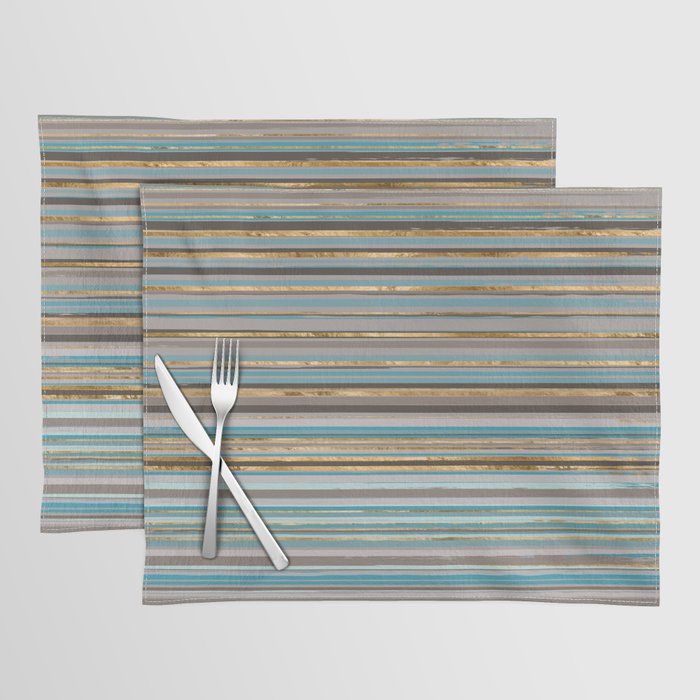 Taupe, gold and teal stripes Placemat Gallery Image 1