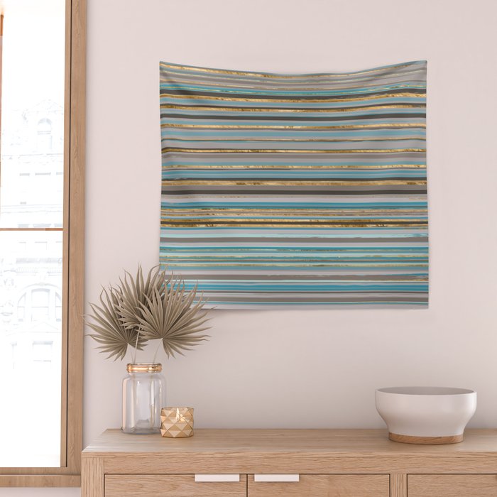 Taupe, gold and teal stripes Wall Tapestry Gallery Image 2