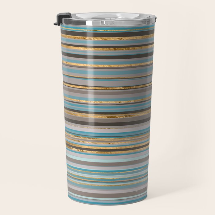 Taupe, gold and teal stripes Travel Mug Gallery Image 3
