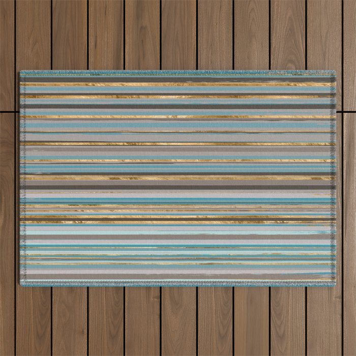 Taupe, gold and teal stripes Outdoor Rug Gallery Image 1