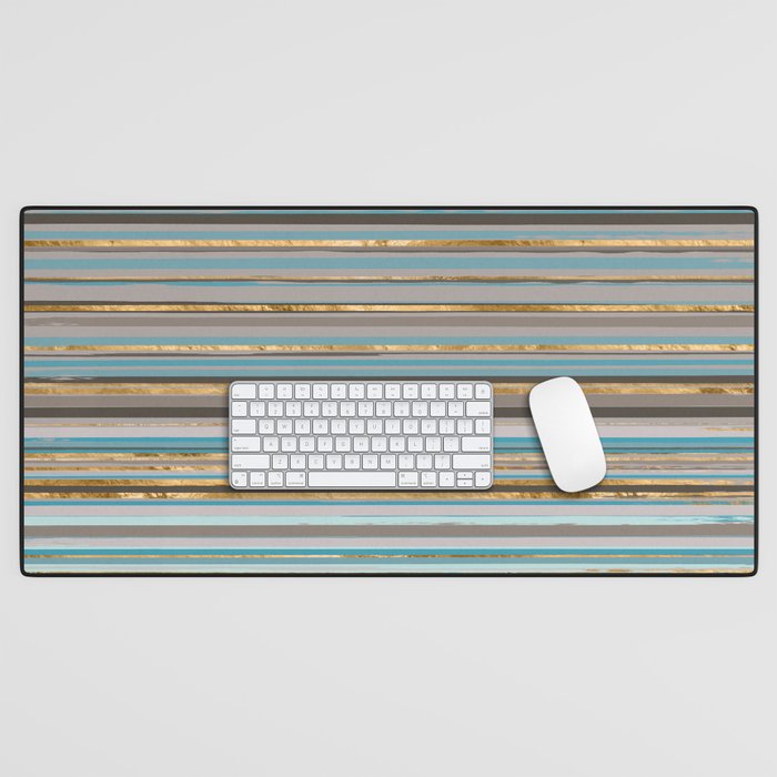 Taupe, gold and teal stripes Desk Mat Gallery Image 1