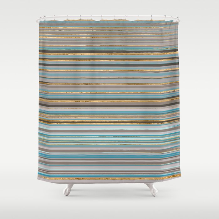 Taupe, gold and teal stripes Shower Curtain Gallery Image 1