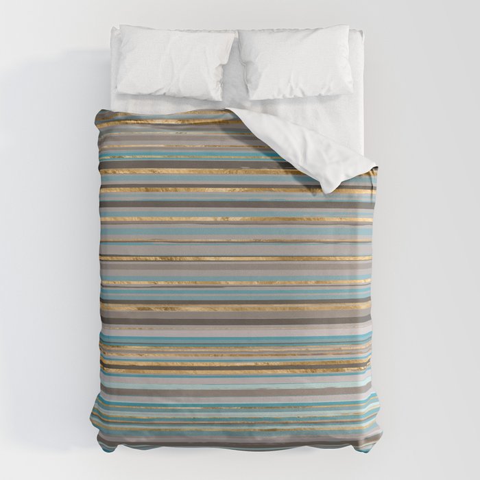 Taupe, gold and teal stripes Duvet Cover Gallery Image 1