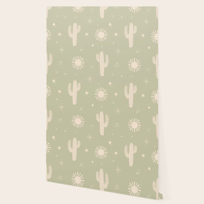 Boho Cactus Sun Desert Sage Green Pattern Wallpaper Gallery Image 2