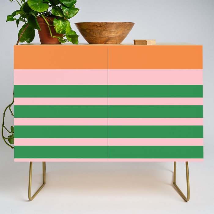 Mixed Stripe Pattern in Green, Pink, and Orange Credenza Gallery Image 1